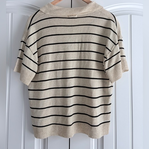 Max Studio Sweater Womens Large Ivory Black Striped Linen Blend Short Sleeve Top - Picture 6 of 10